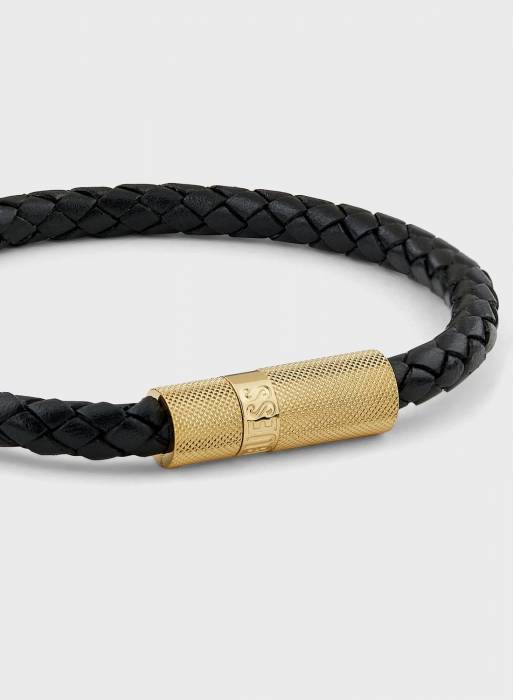 دستبند چرم مردانه گس طلایی مشکی مدل 9105