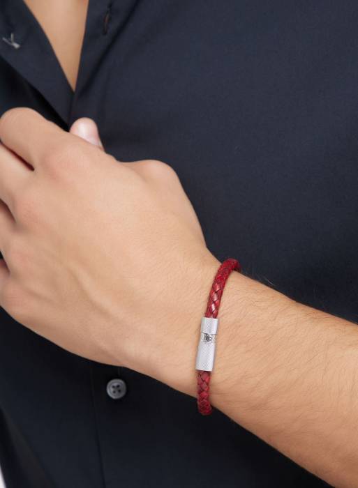 دستبند چرم مردانه گس نقره ای قرمز مدل 9912