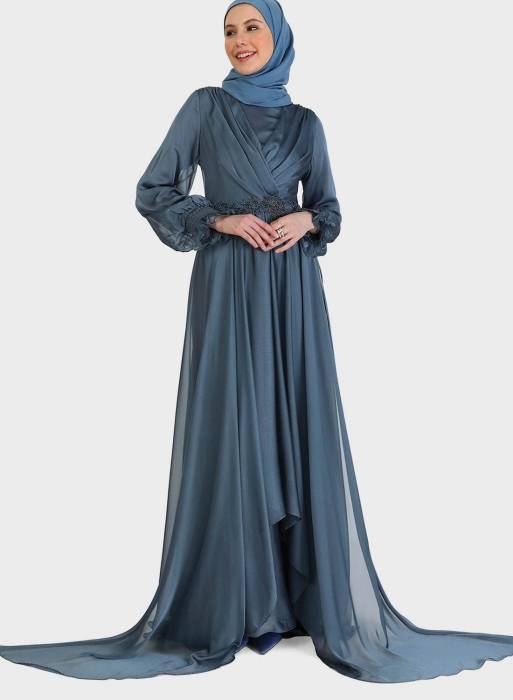 لباس شب مجلسی با کمربند آبی برند modanisa