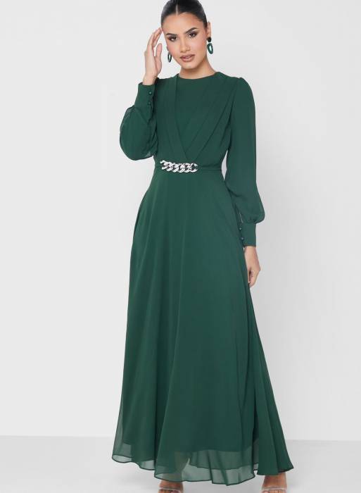 لباس شب مجلسی با کمربند سبز برند khizana